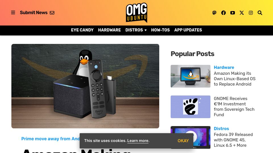 Screenshot of omgubuntu.co.uk: Amazon Making Its Own Linux-Based OS to Replace Android
