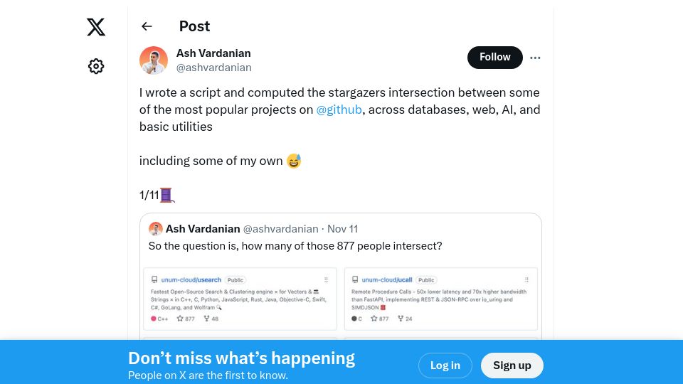 Screenshot of twitter.com: Stargazers intersections for most popular GitHub projects in Venn diagrams