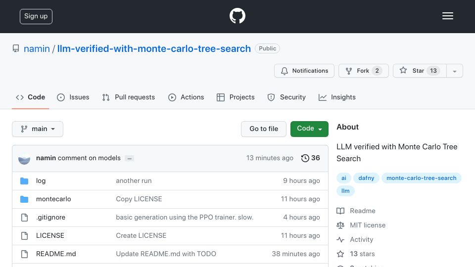 Screenshot of github.com: Show HN: LLM Verified with Monte Carlo Tree Search