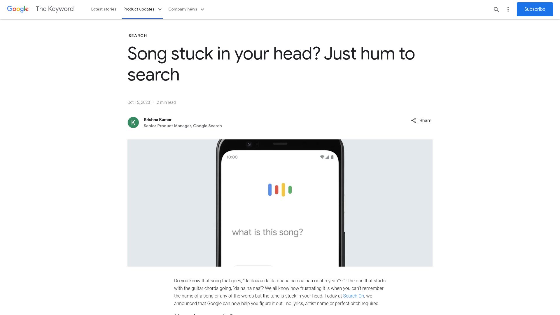 Screenshot of blog.google: Song stuck in your head? Just hum to search (2020)