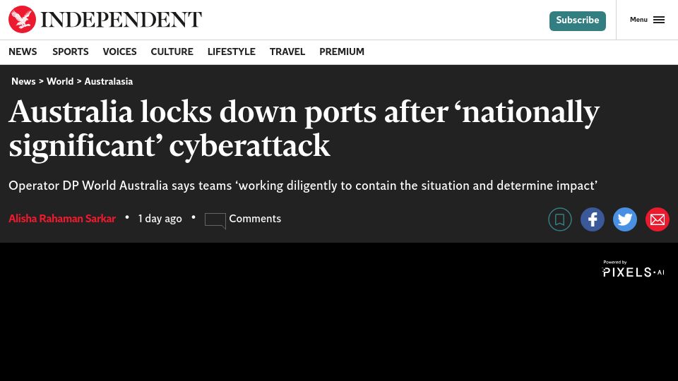 Screenshot of independent.co.uk: Australia locks down ports after ‘nationally significant’ cyberattack