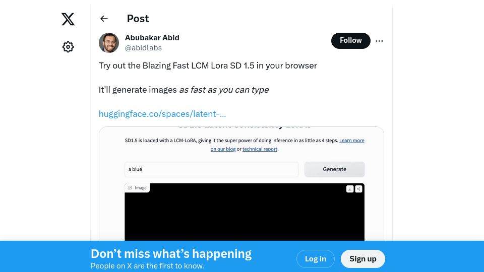 Screenshot of twitter.com: Generate images fast with SD 1.5 while typing on Gradio