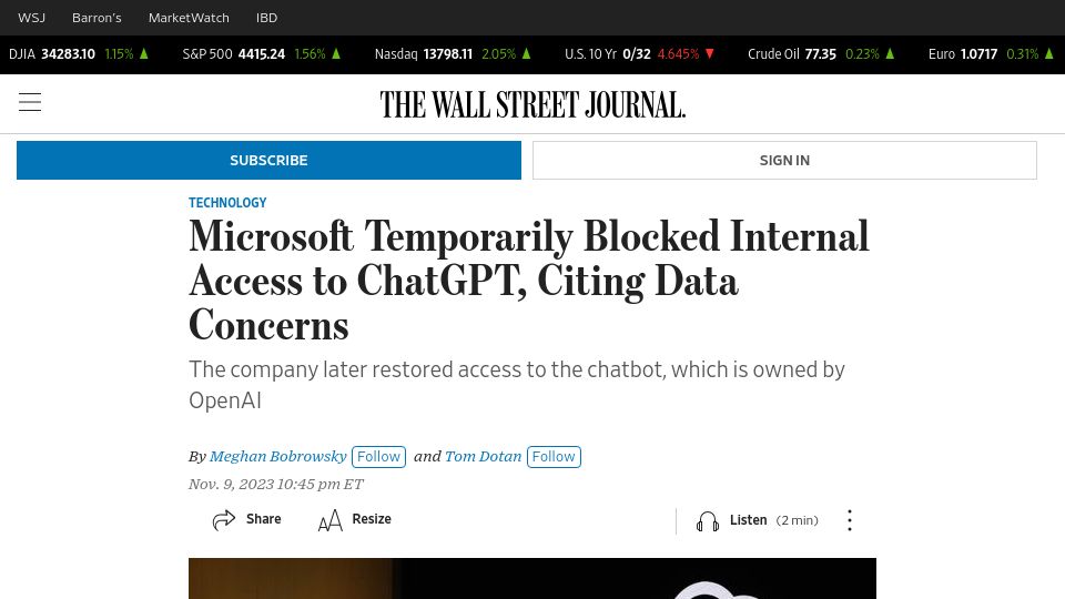 Screenshot of wsj.com: Microsoft Temporarily Blocked Internal Access to ChatGPT, Citing Data Concerns