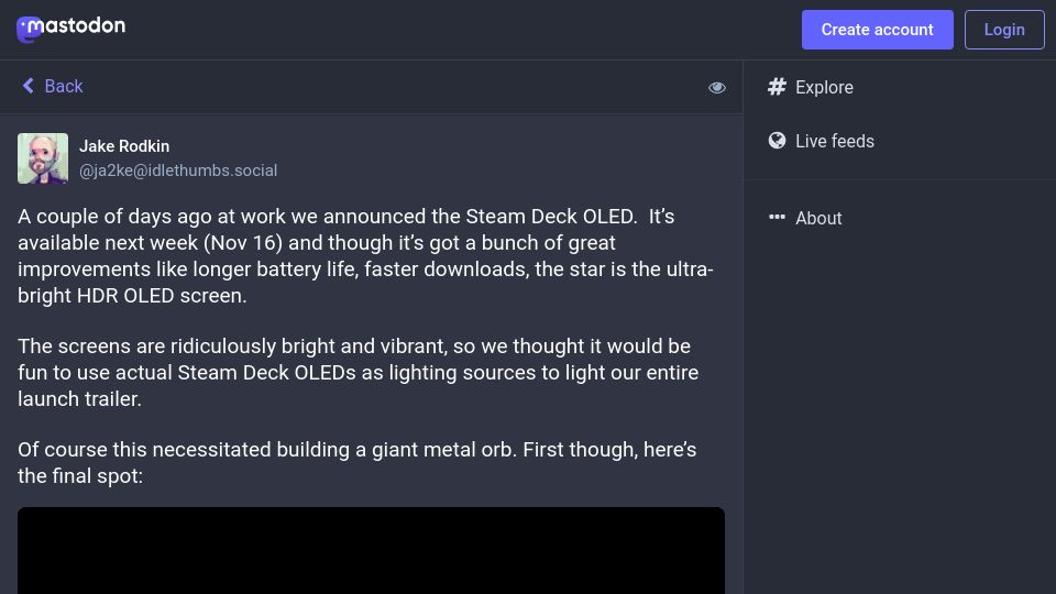 Screenshot of idlethumbs.social: The Steam Deck OLED spot ad was made with Steam Deck OLEDs