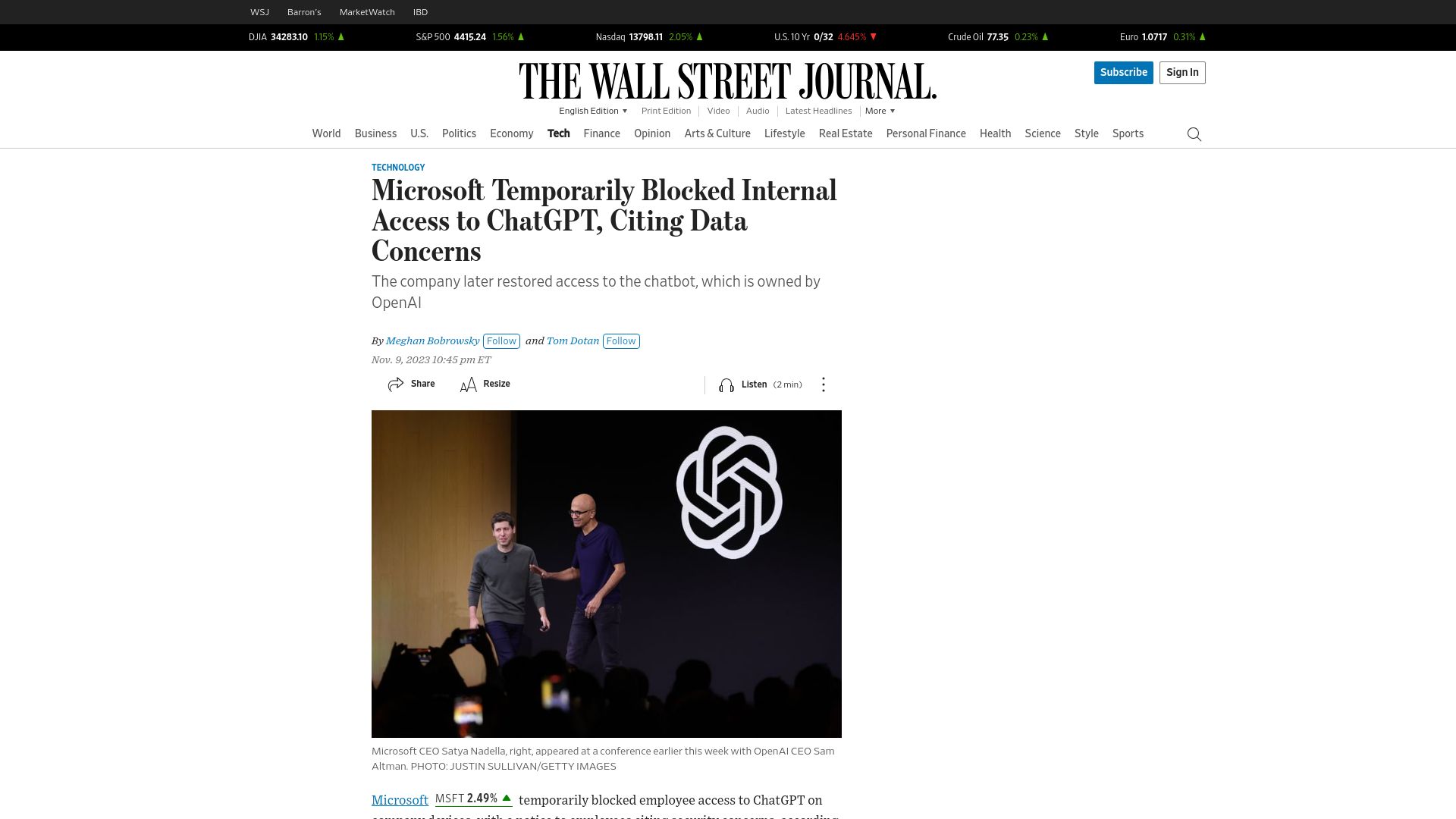 Screenshot of wsj.com: Microsoft Temporarily Blocked Internal Access to ChatGPT, Citing Data Concerns