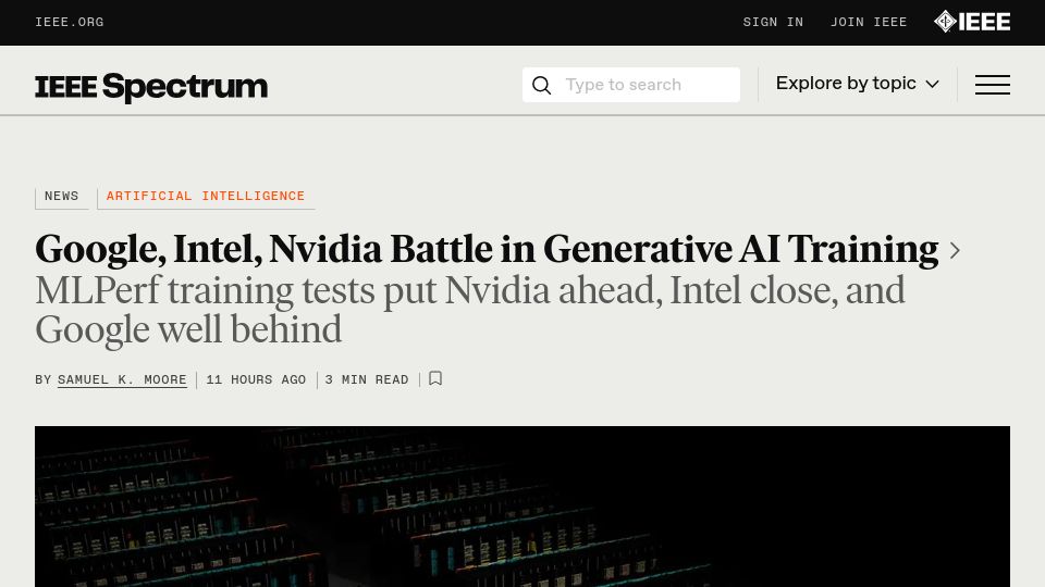 Screenshot of spectrum.ieee.org: MLPerf training tests put Nvidia ahead, Intel close, and Google well behind