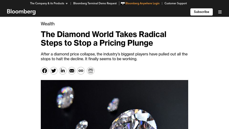 Screenshot of bloomberg.com: The diamond world takes radical steps to stop a pricing plunge