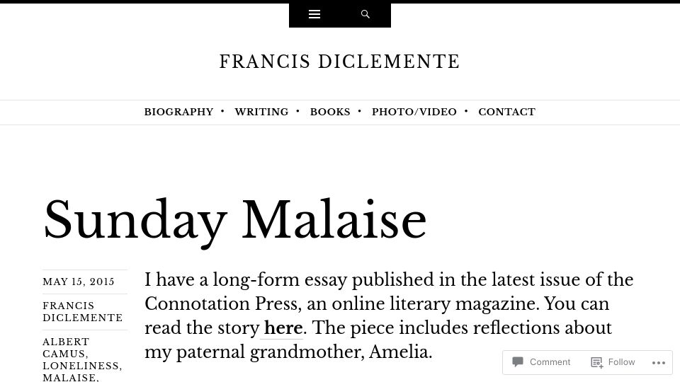 Screenshot of francisdiclemente.com: Sunday Malaise (2015)