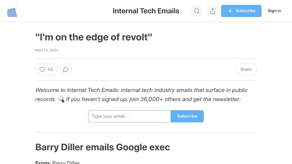 Screenshot of techemails.com: Google/IAC/Expedia (2019)