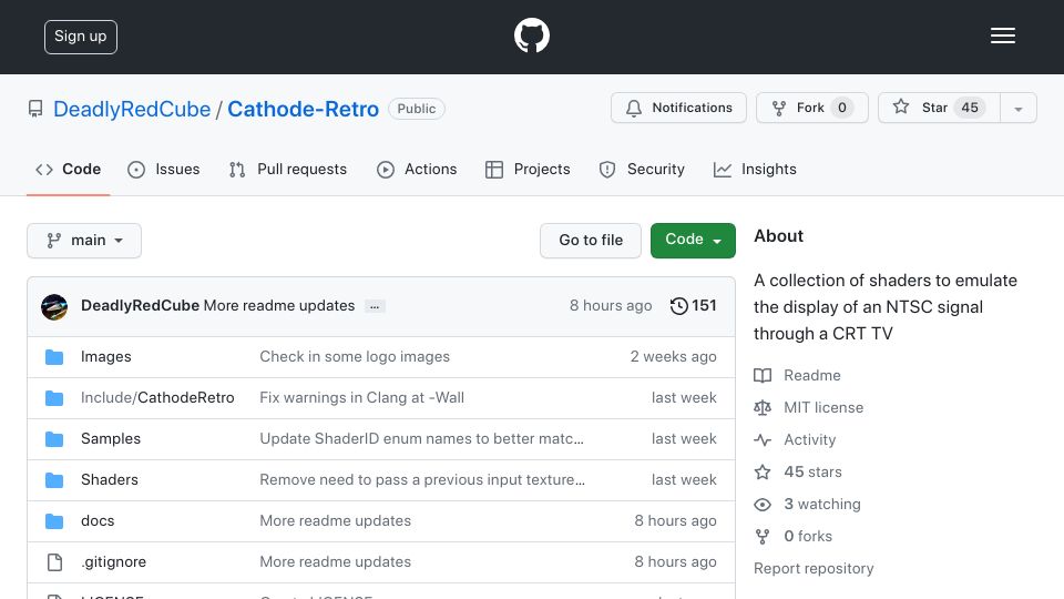 Screenshot of github.com: Cathode-Retro: A collection of shaders to emulate the display of an NTSC signal