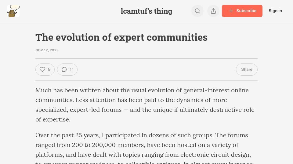 Screenshot of lcamtuf.substack.com: The evolution of expert communities