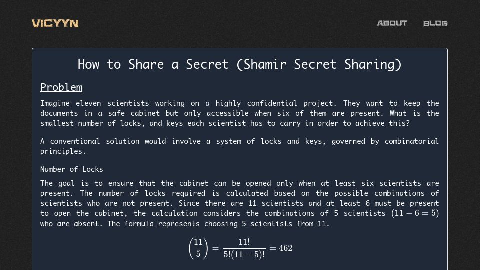 Screenshot of vicyyn.com: How to Share a Secret (Shamir Secret Sharing)