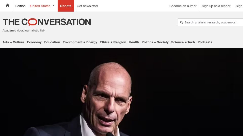 Screenshot of theconversation.com: Is capitalism dead? Yanis Varoufakis thinks it is – and he knows who killed it