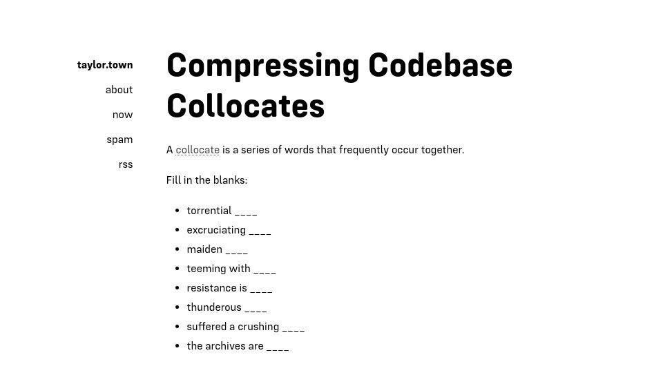 Screenshot of taylor.town: Compressing Codebase Collocates