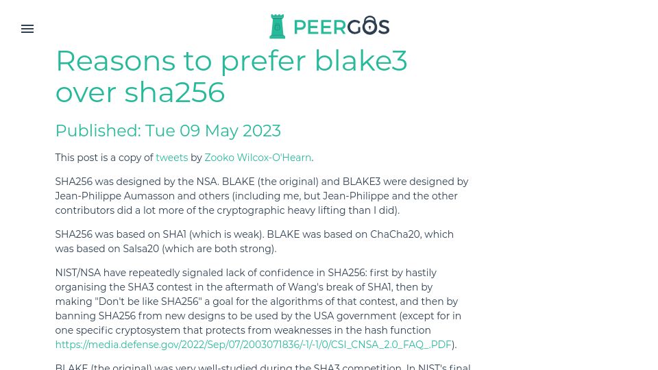 Screenshot of peergos.org: Reasons to Prefer Blake3 over Sha256