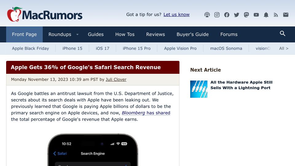 Screenshot of macrumors.com: Apple Gets 36% of Google's Safari Search Revenue