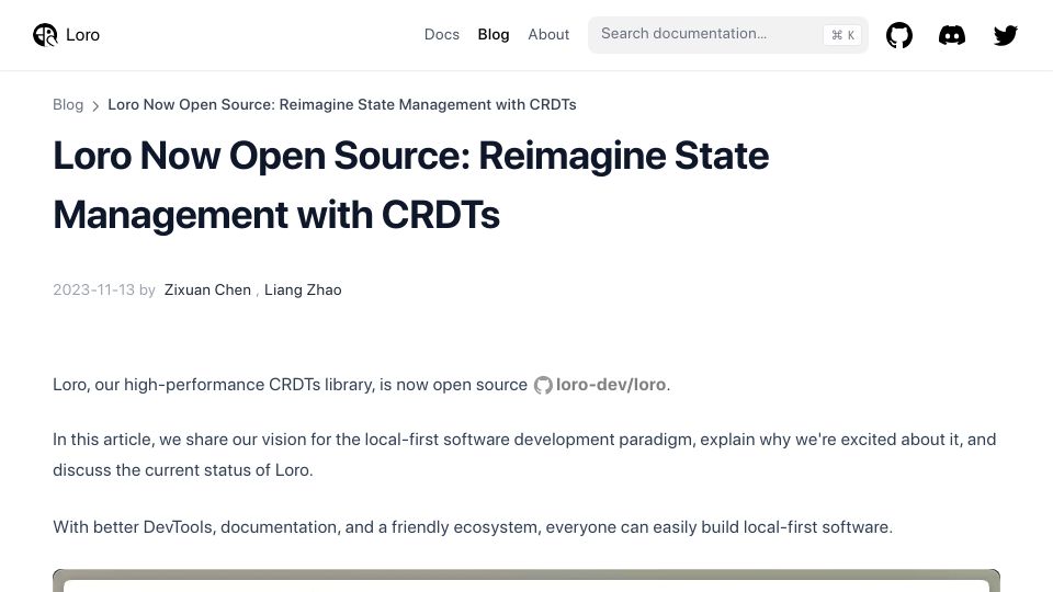Screenshot of loro.dev: Loro: Reimagine state management with CRDTs