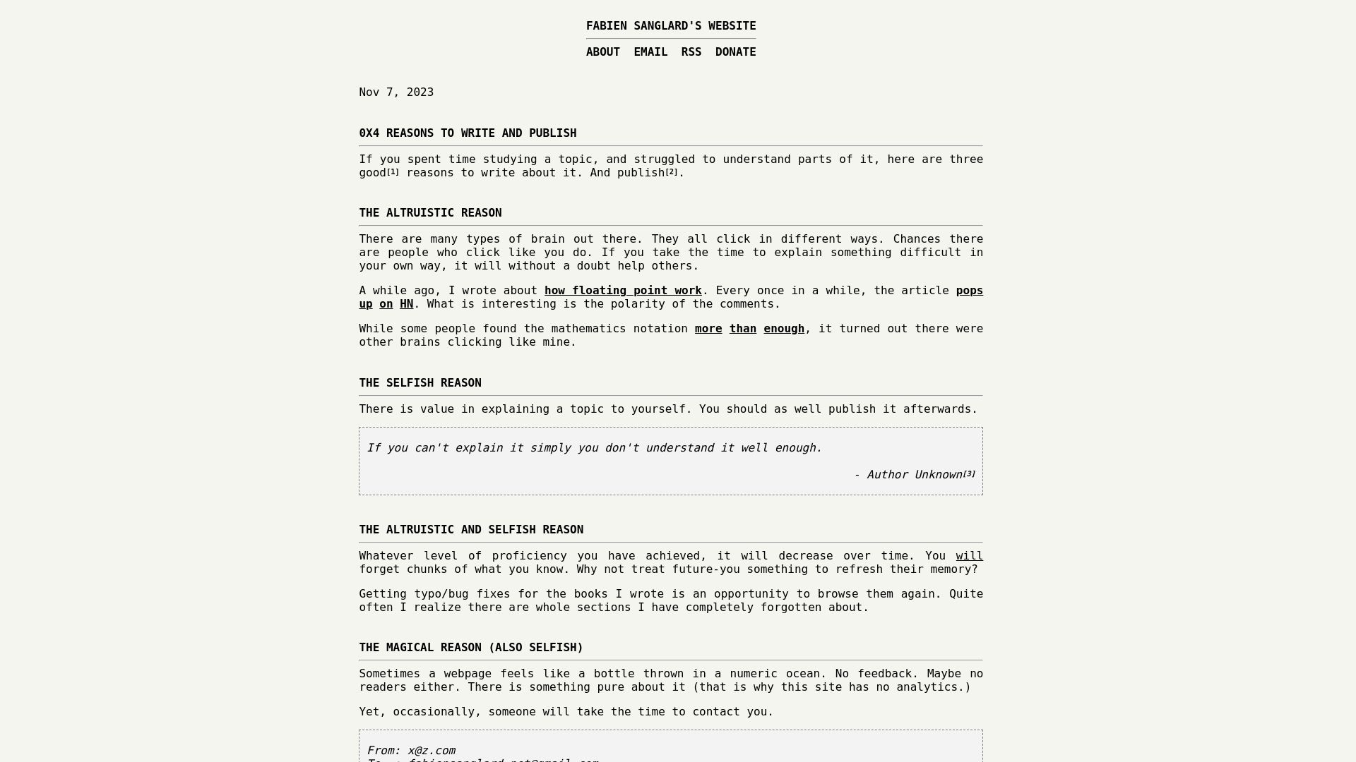 Screenshot of fabiensanglard.net: 0XReasons to Write and Publish