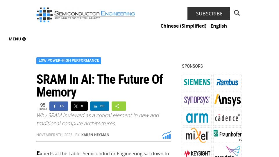 Screenshot of semiengineering.com: SRAM in AI: The Future of Memory