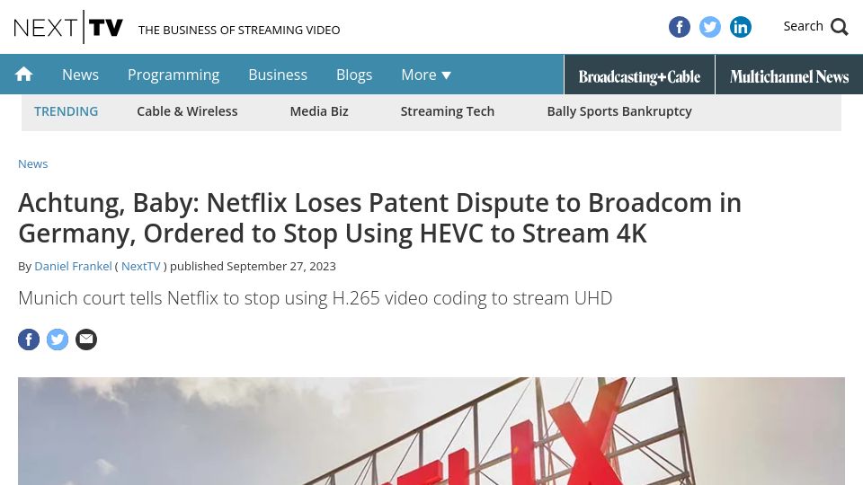 Screenshot of nexttv.com: Munich court tells Netflix to stop using H.265 video coding to stream UHD