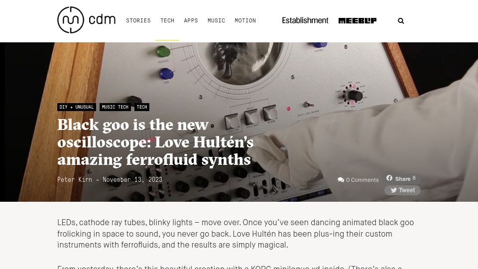 Screenshot of cdm.link: Black goo is the new oscilloscope: Love Hultén's ferrofluid synths