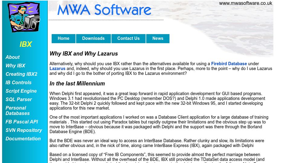 Screenshot of mwasoftware.co.uk: Why IBX and Why Lazarus (2011)