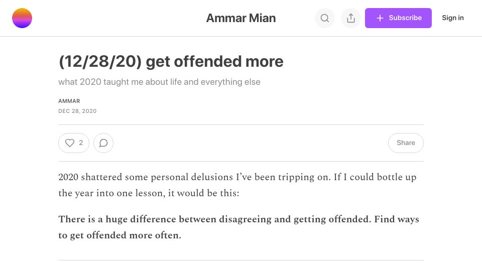 Screenshot of ammarmian.substack.com: Get Offended More (2020)