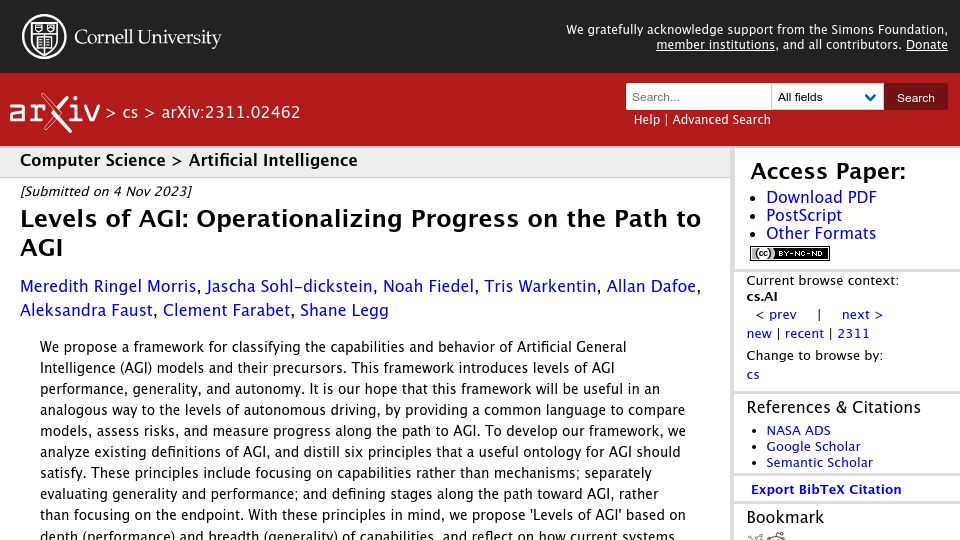 Screenshot of arxiv.org: Levels of AGI: Operationalizing Progress on the Path to AGI