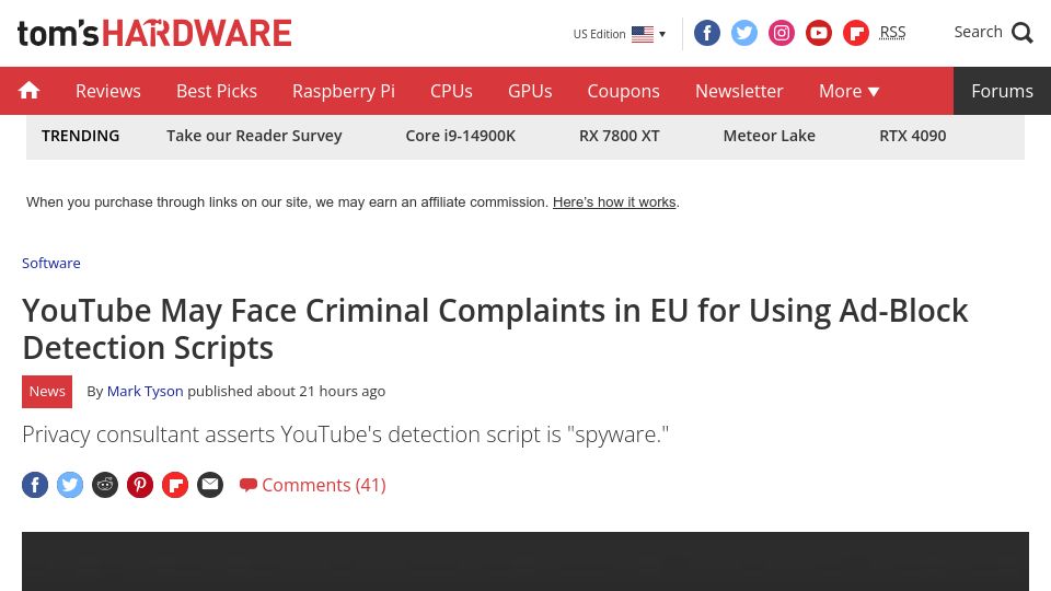 Screenshot of tomshardware.com: YouTube May Face Criminal Complaints in EU for Using Ad-Block Detection Scripts