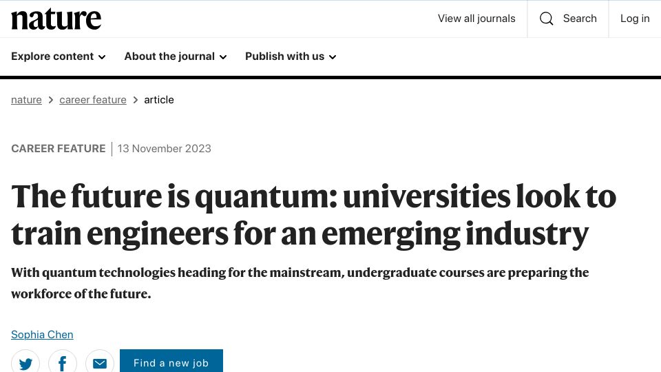 Screenshot of nature.com: Future is quantum: universities look to train engineers for an emerging industry