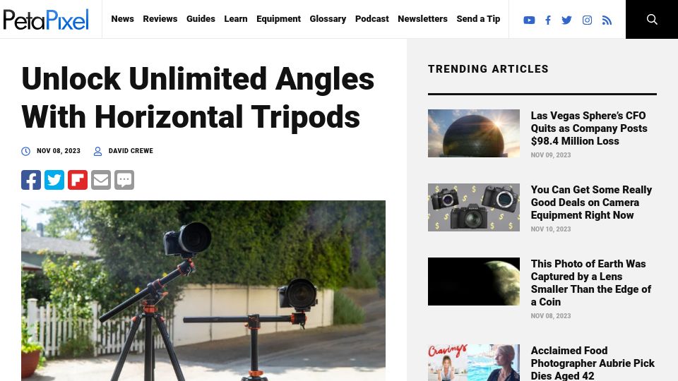 Screenshot of petapixel.com: Unlock Unlimited Angles with Horizontal Tripods