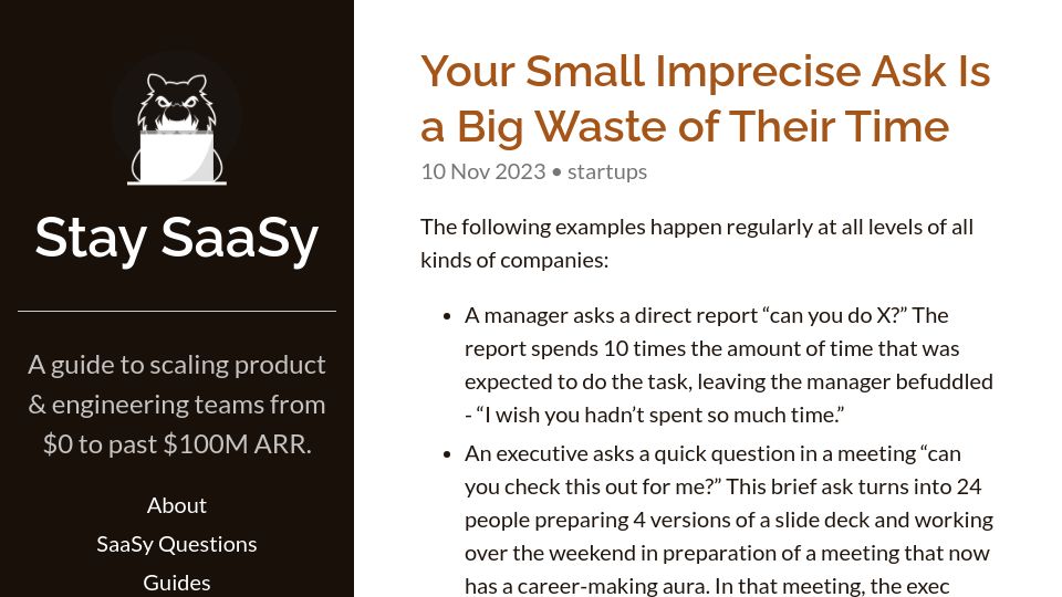 Screenshot of staysaasy.com: Your small imprecise ask is a big waste of their time