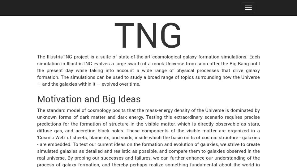 Screenshot of tng-project.org: Cosmological galaxy formation simulation software