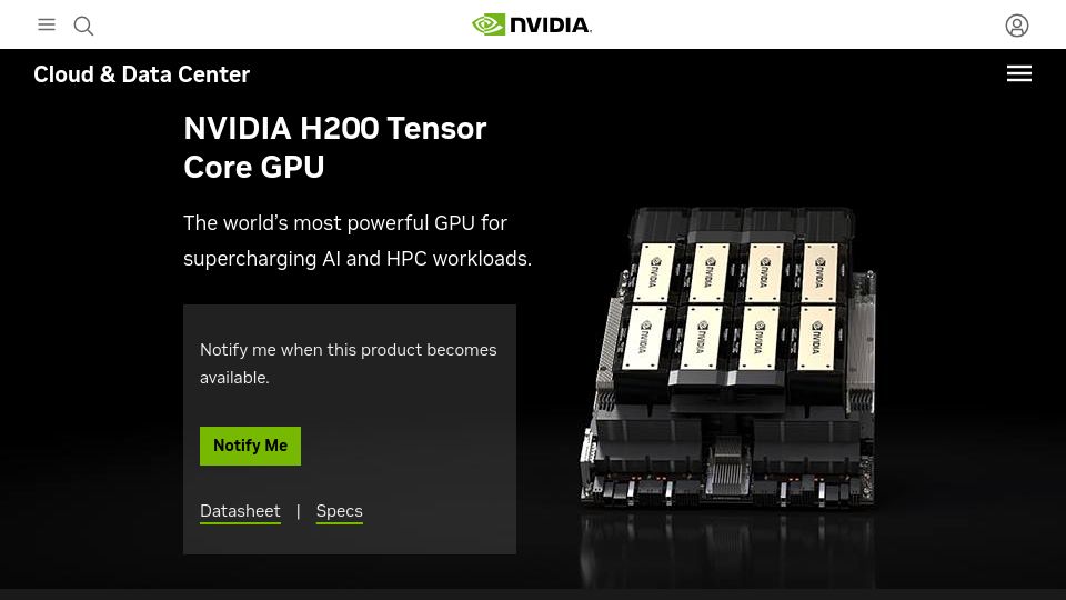 Screenshot of nvidia.com: Nvidia H200 Tensor Core GPU