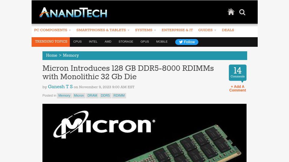 Screenshot of anandtech.com: Micron Introduces 128 GB DDR5-8000 RDIMMs with Monolithic 32 GB Die