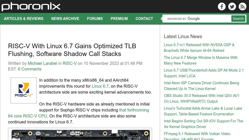 Screenshot of phoronix.com: RISC-V with Linux 6.7 Gains Optimized TLB Flushing, Software Shadow Call Stacks