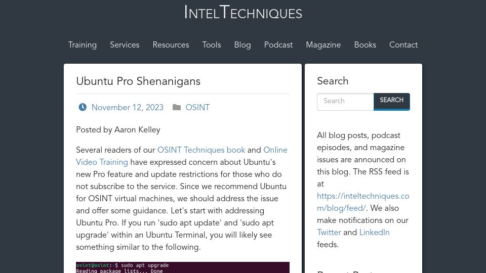 Screenshot of inteltechniques.com: Ubuntu Pro Shenanigans
