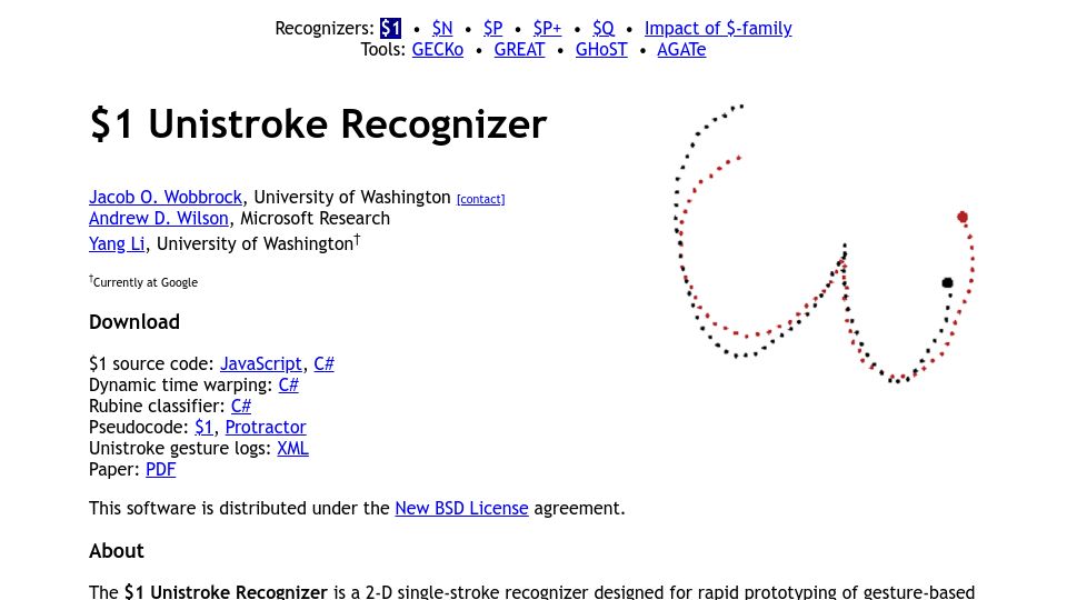 Screenshot of depts.washington.edu: $1 Unistroke Recognizer