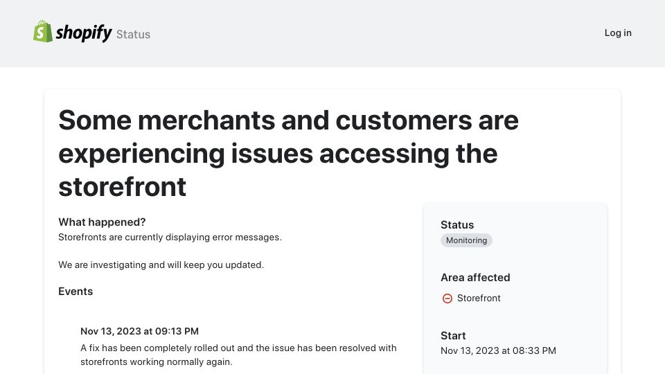 Screenshot of shopifystatus.com: Shopify Storefronts Are Down