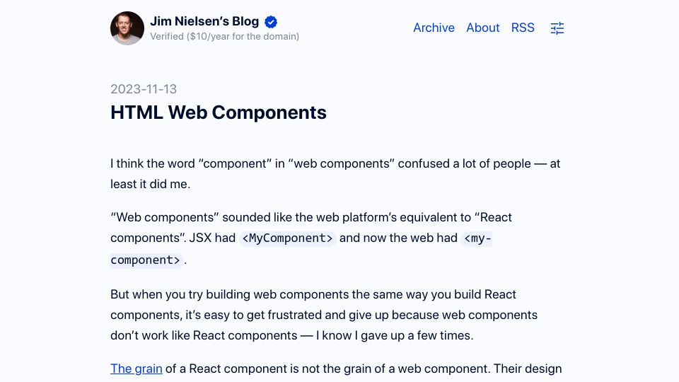 Screenshot of blog.jim-nielsen.com: HTML Web Components
