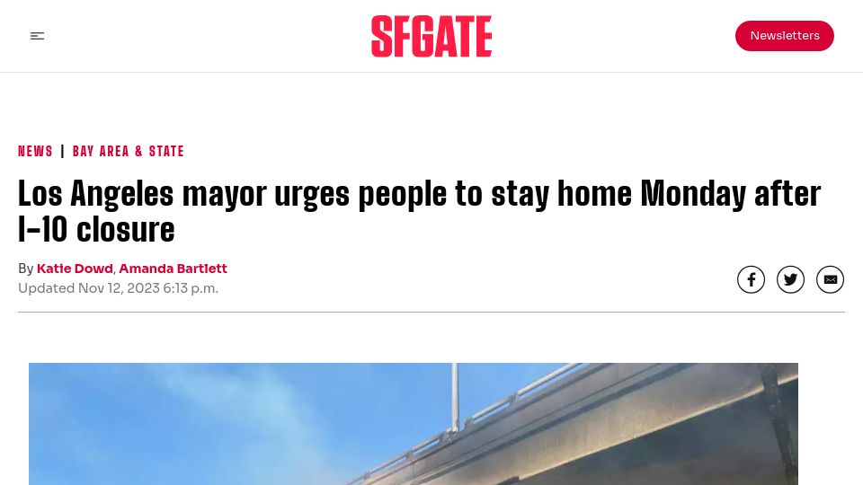 Screenshot of sfgate.com: I-10 closure in California prompts state of emergency