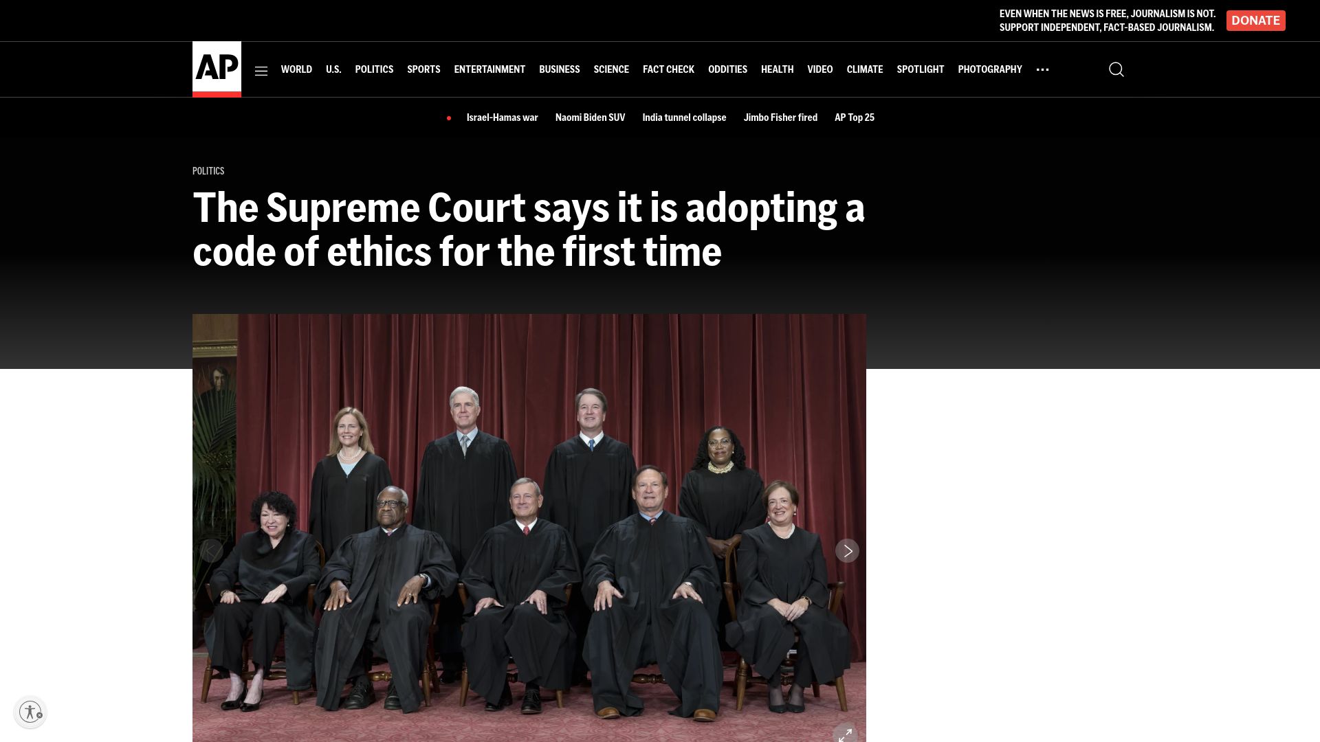 Screenshot of apnews.com: The US Supreme Court says it is adopting a code of ethics for the first time