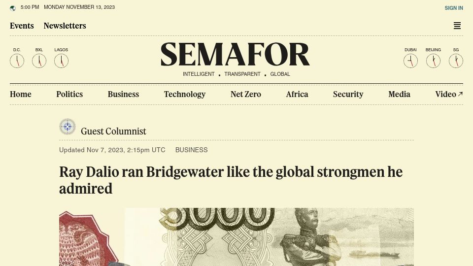 Screenshot of semafor.com: Ray Dalio ran Bridgewater like the global strongmen he admired