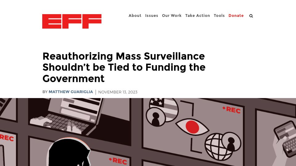 Screenshot of eff.org: Reauthorizing Mass Surveillance Shouldn't Be Tied to Funding the Government