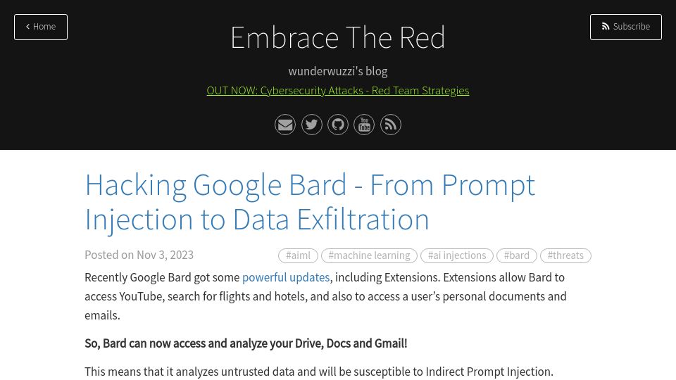 Screenshot of embracethered.com: Hacking Google Bard – From Prompt Injection to Data Exfiltration