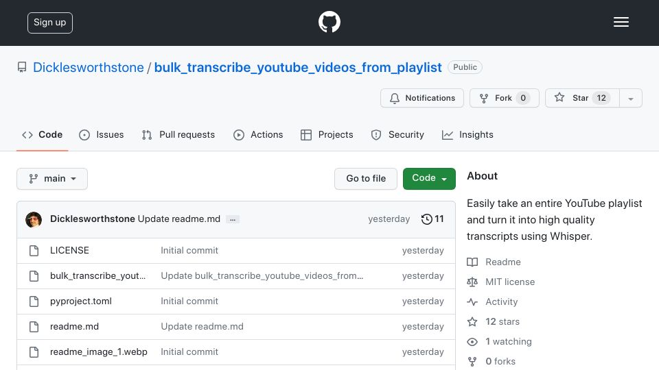 Screenshot of github.com: Show HN: Bulk Creation of Transcripts from YouTube Playlists with Whisper