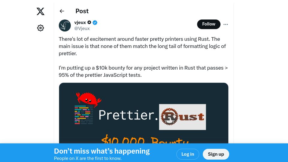 Screenshot of twitter.com: 10k Bounty for Rewriting Prettier in Rust