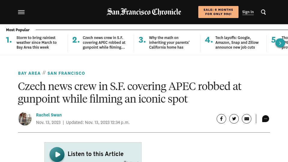 Screenshot of sfchronicle.com: Czech news crew in SF covering APEC robbed at gunpoint while filming