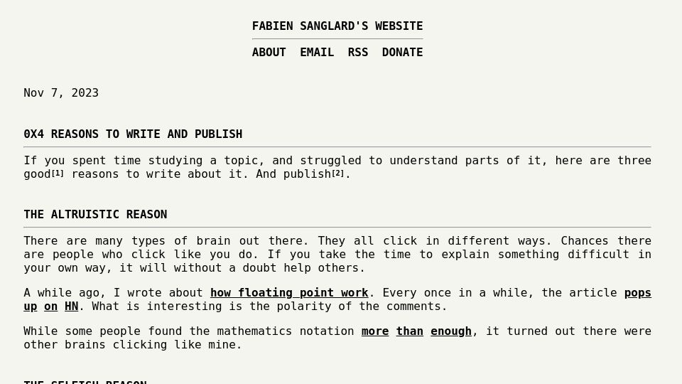 Screenshot of fabiensanglard.net: 0XReasons to Write and Publish