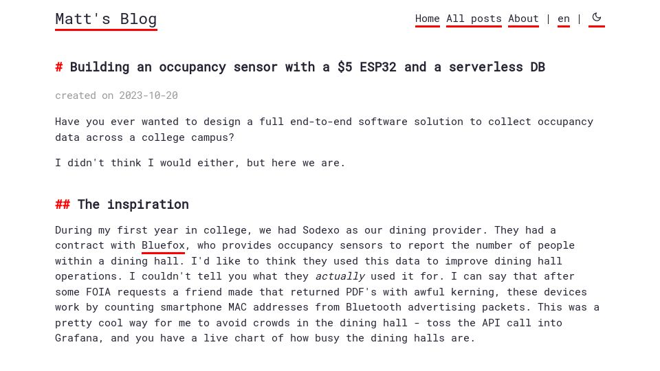 Screenshot of matthew.science: Building an occupancy sensor with a $5 ESP32 and a serverless DB